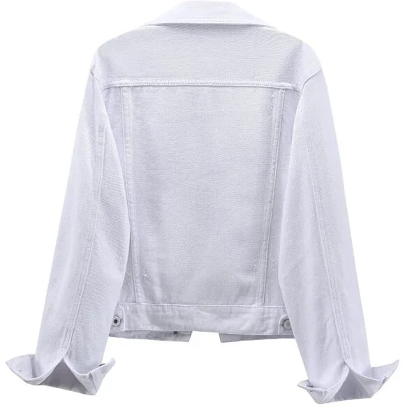 Women's Jean Jacket Distressed Ripped Denim Jacket Coat with Pockets White
